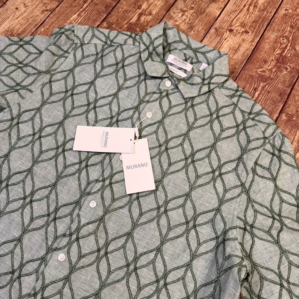 Murano Baird McNutt Shirt Mens Large Green Linen Slim Fit Short Sleeve NWT